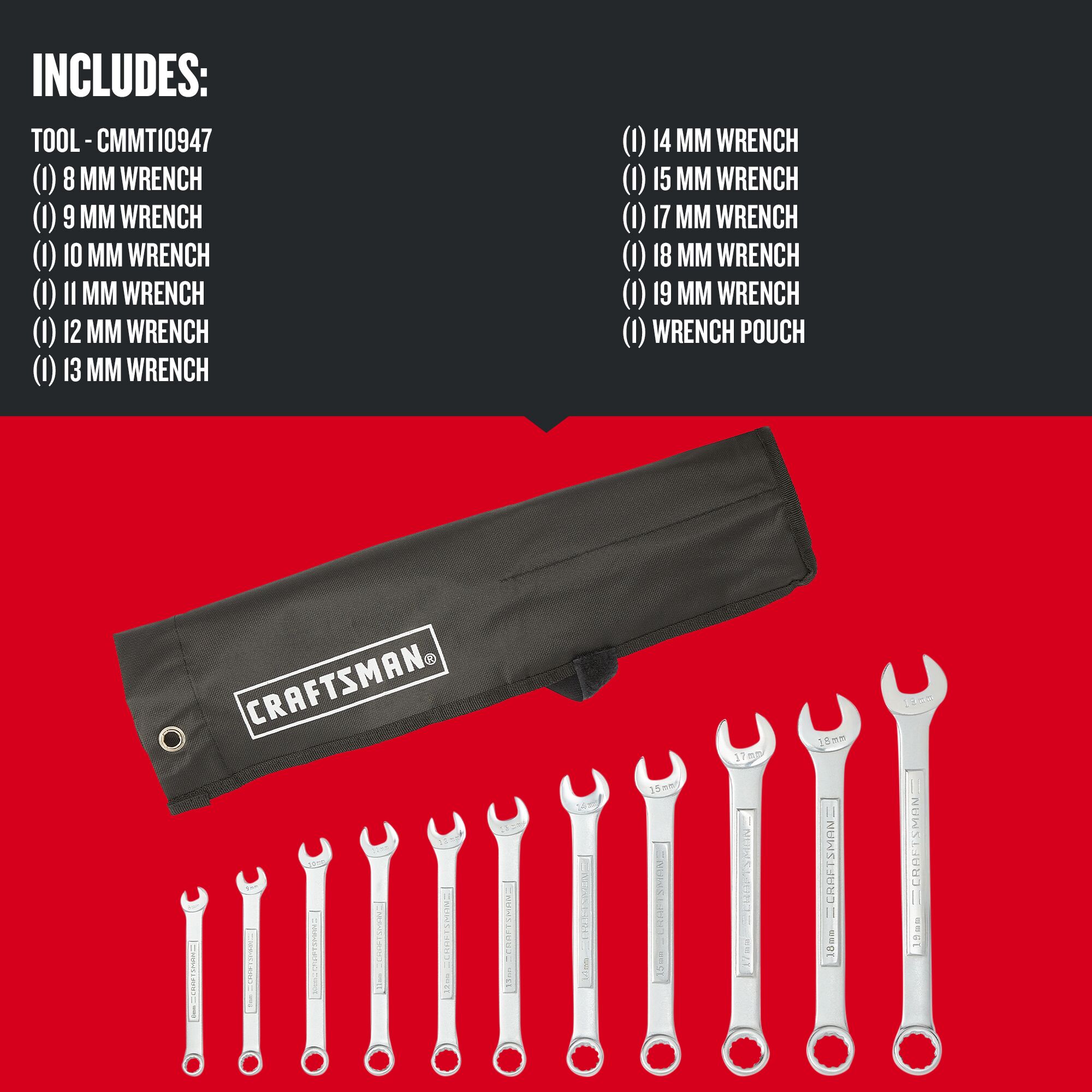 Graphic of CRAFTSMAN Wrenches: Set highlighting product features