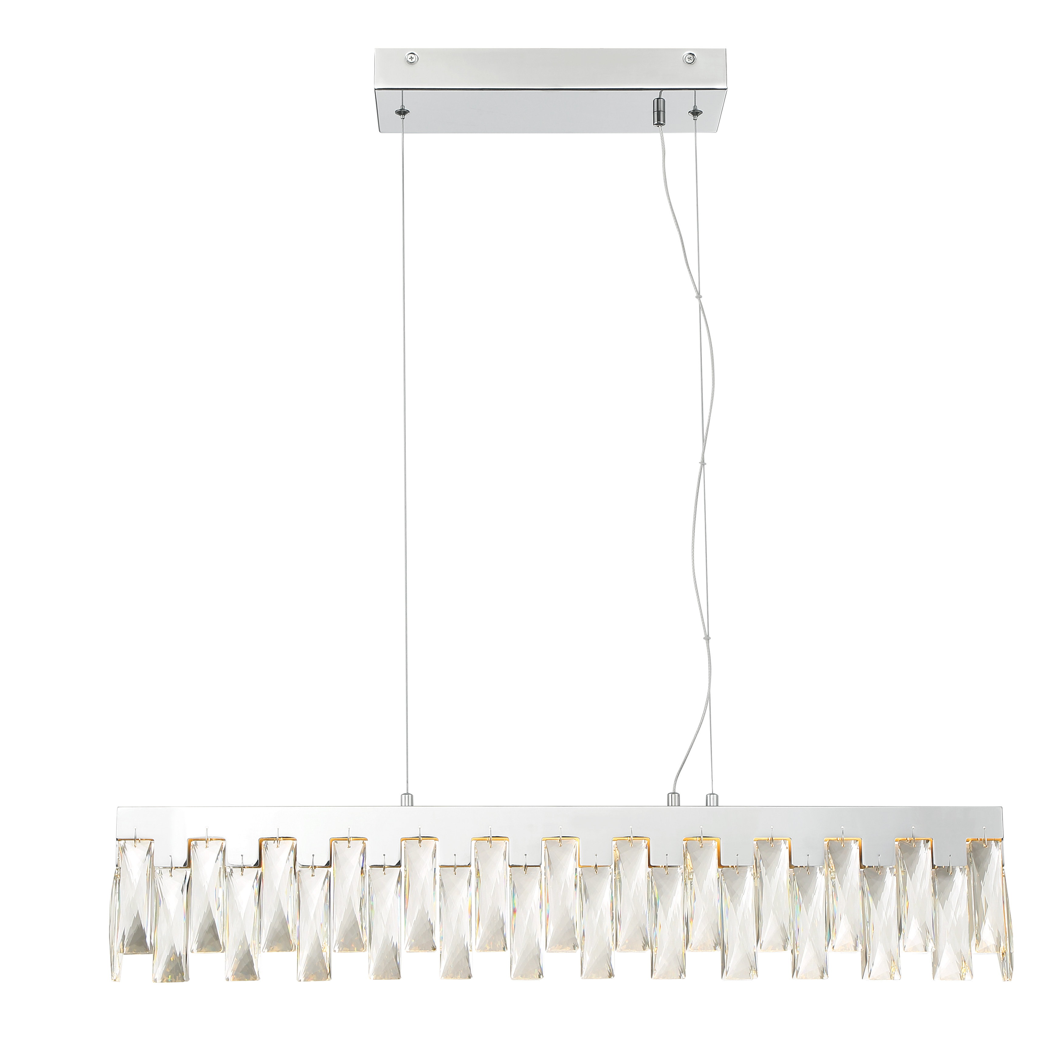 The Curio LED Island Light combines contemporary chrome styling with sparkling crystal elements for a sophisticated look. At 32 inches wide, it's perfectly sized for kitchen islands and dining tables, delivering 2054 lumens of high-CRI light. - alternate view