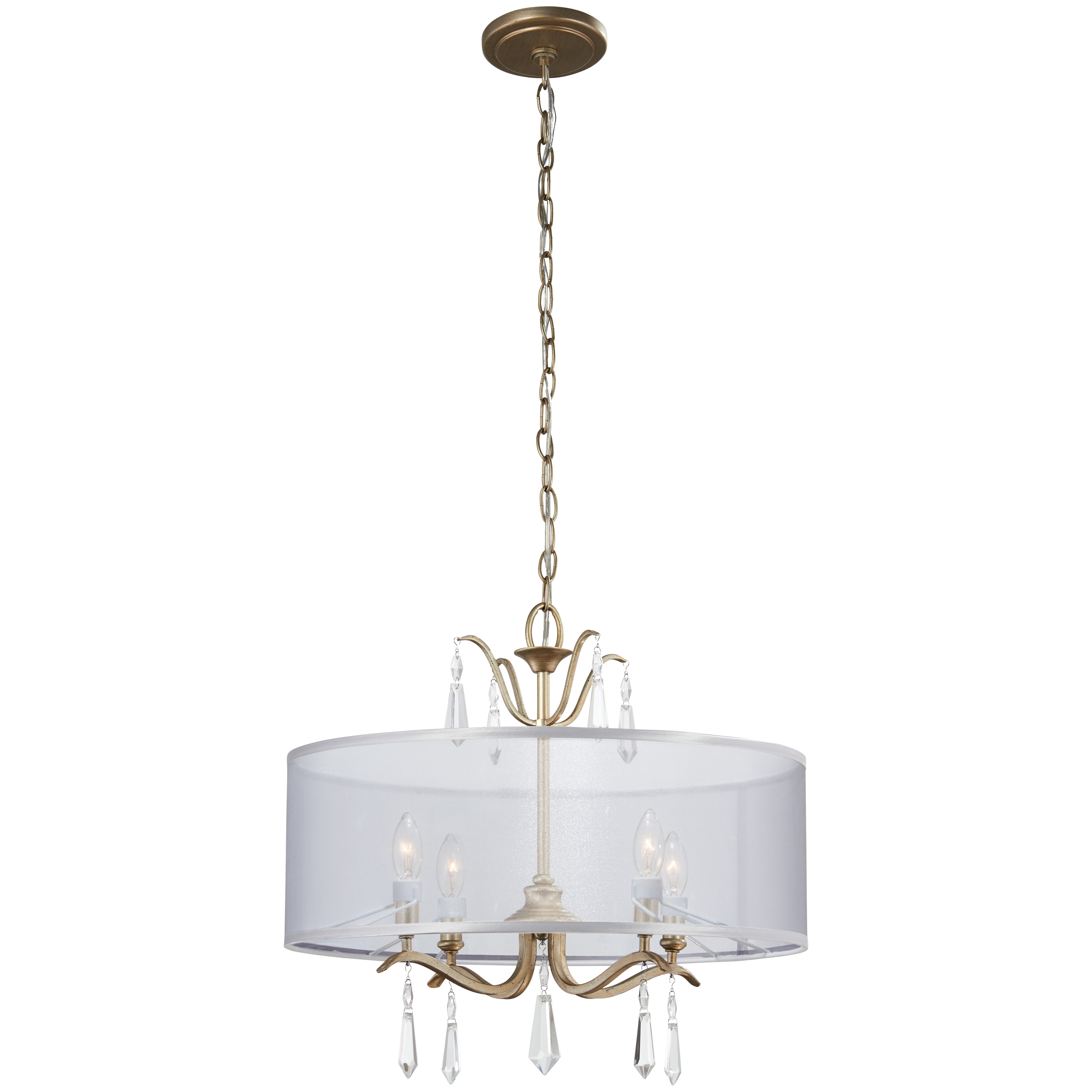 The Laurel Estate pendant combines timeless elegance with modern versatility. Its Brio Gold finish and crystal accents create sophisticated sparkle, while translucent sheer fabric shades provide warm, diffused light perfect for dining and entertaining spaces. - alternate view