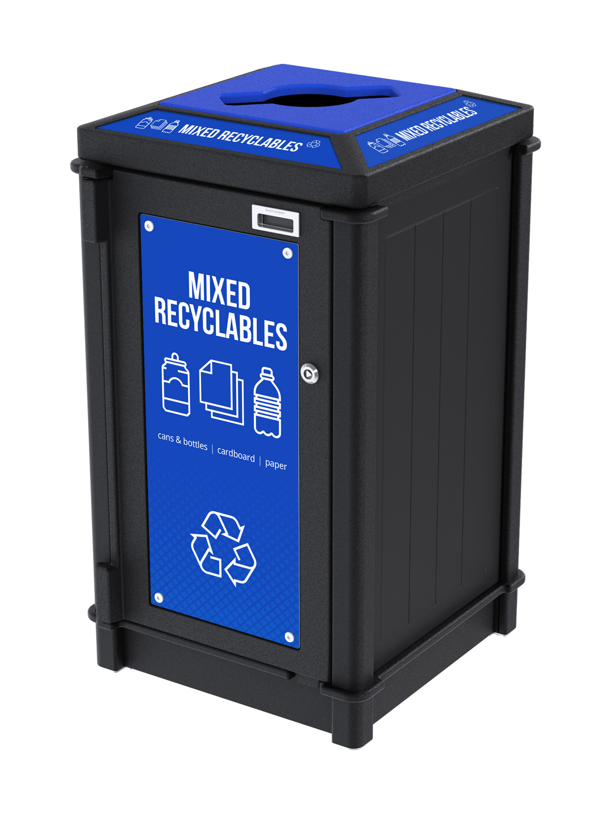 black recycled plastic recycling container with top mixed opening lid for collecting recycling with high impact signs and labels