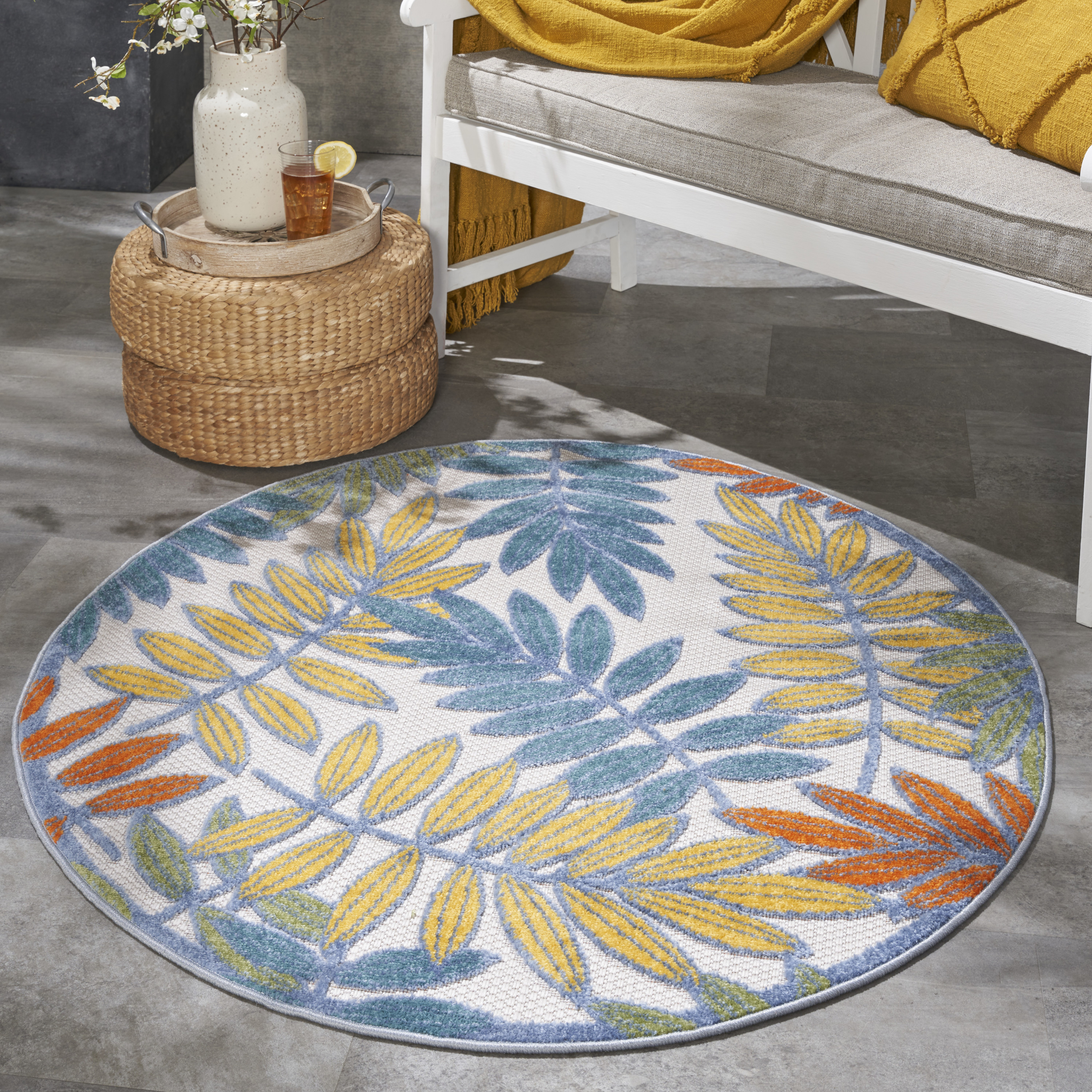 Nourison Aloha 5'3" x Round Ivory Multicolor Tropical Rug
