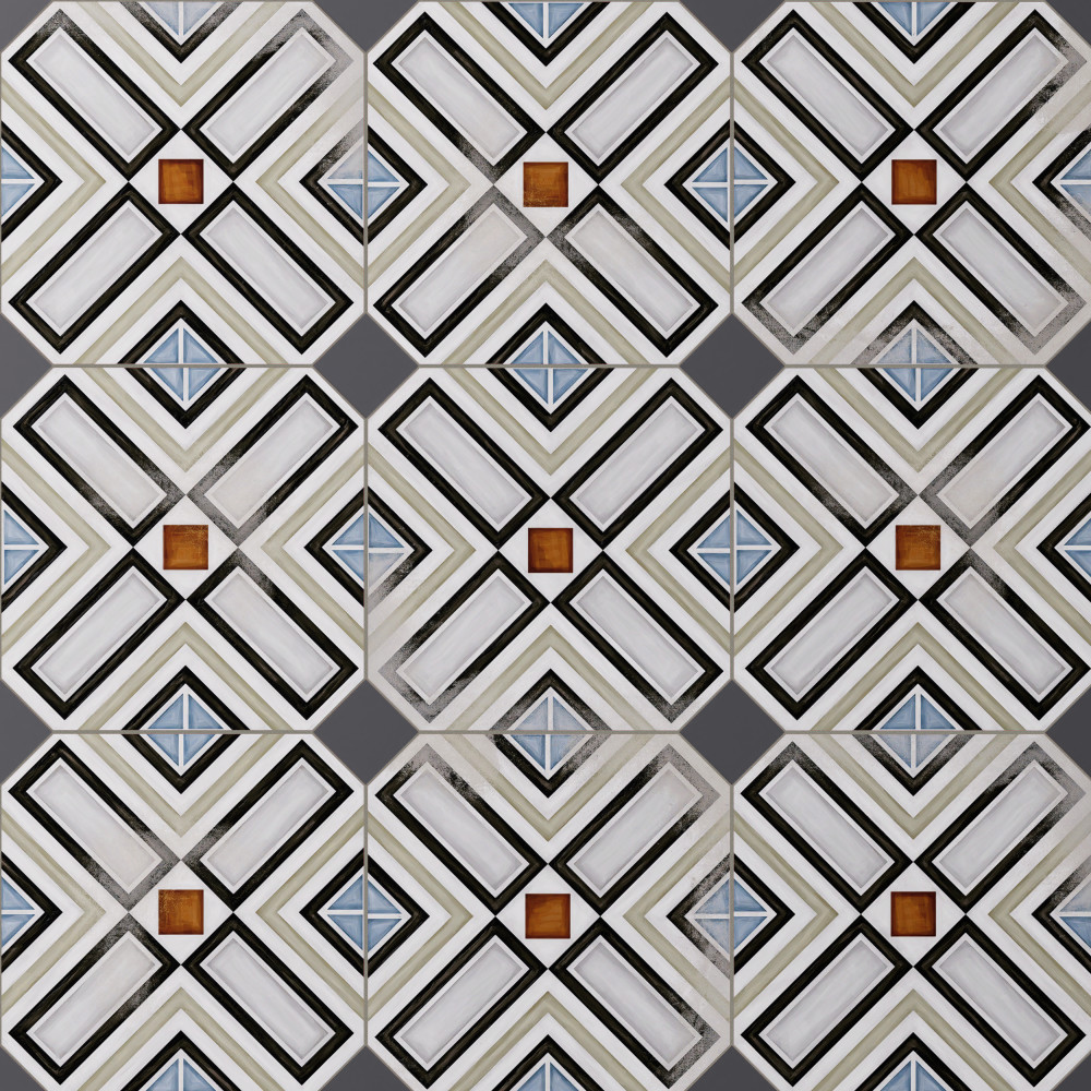 Vaudeville Octagon Deco Ritter with Taco Antracita 7-7/8 in. x 7-7/8 in. Porcelain Floor and Wall Tile