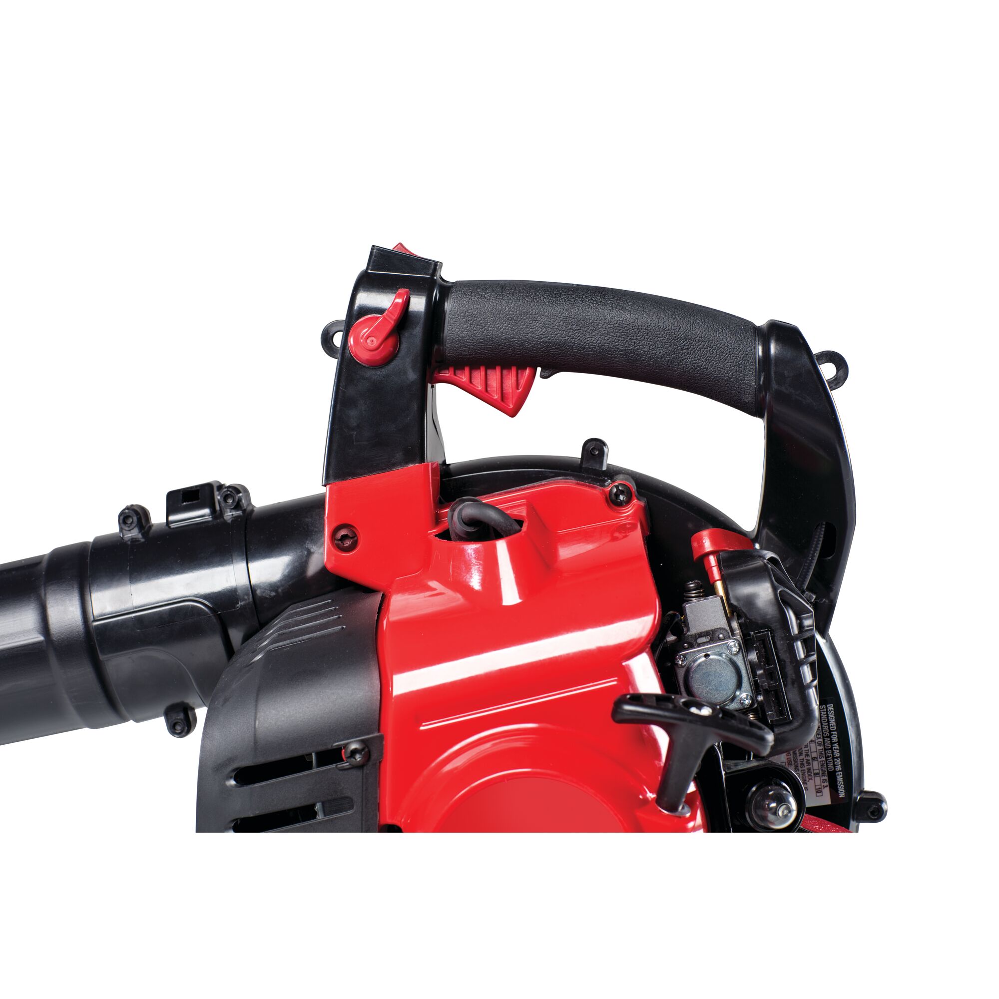 Comfort over mold handle feature of 27 C C 2 cycle full crank engine gas leaf blower vacuum.