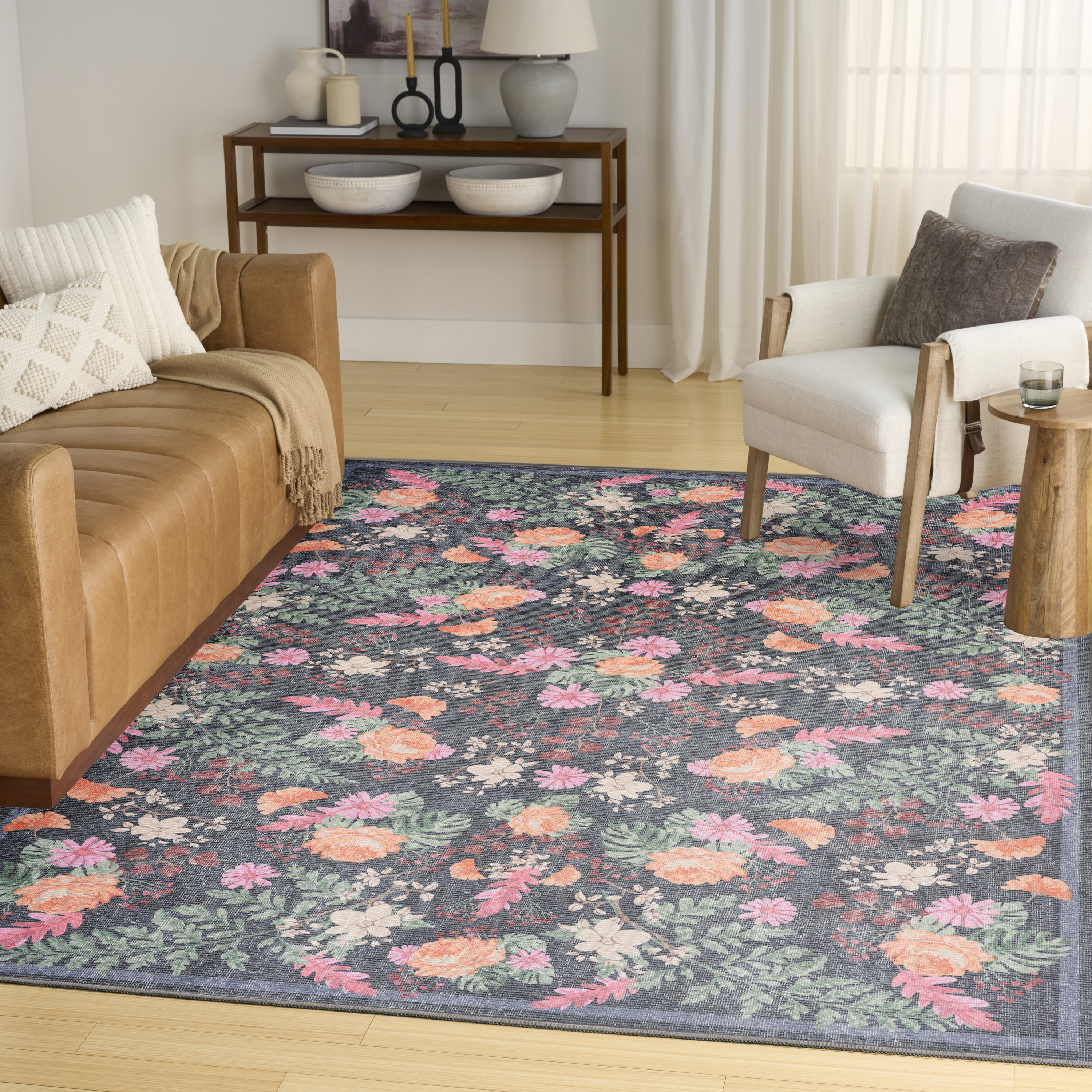 Nourison Botanical Washables 4' x 6' Charcoal Multicolor Farmhouse Indoor Rug