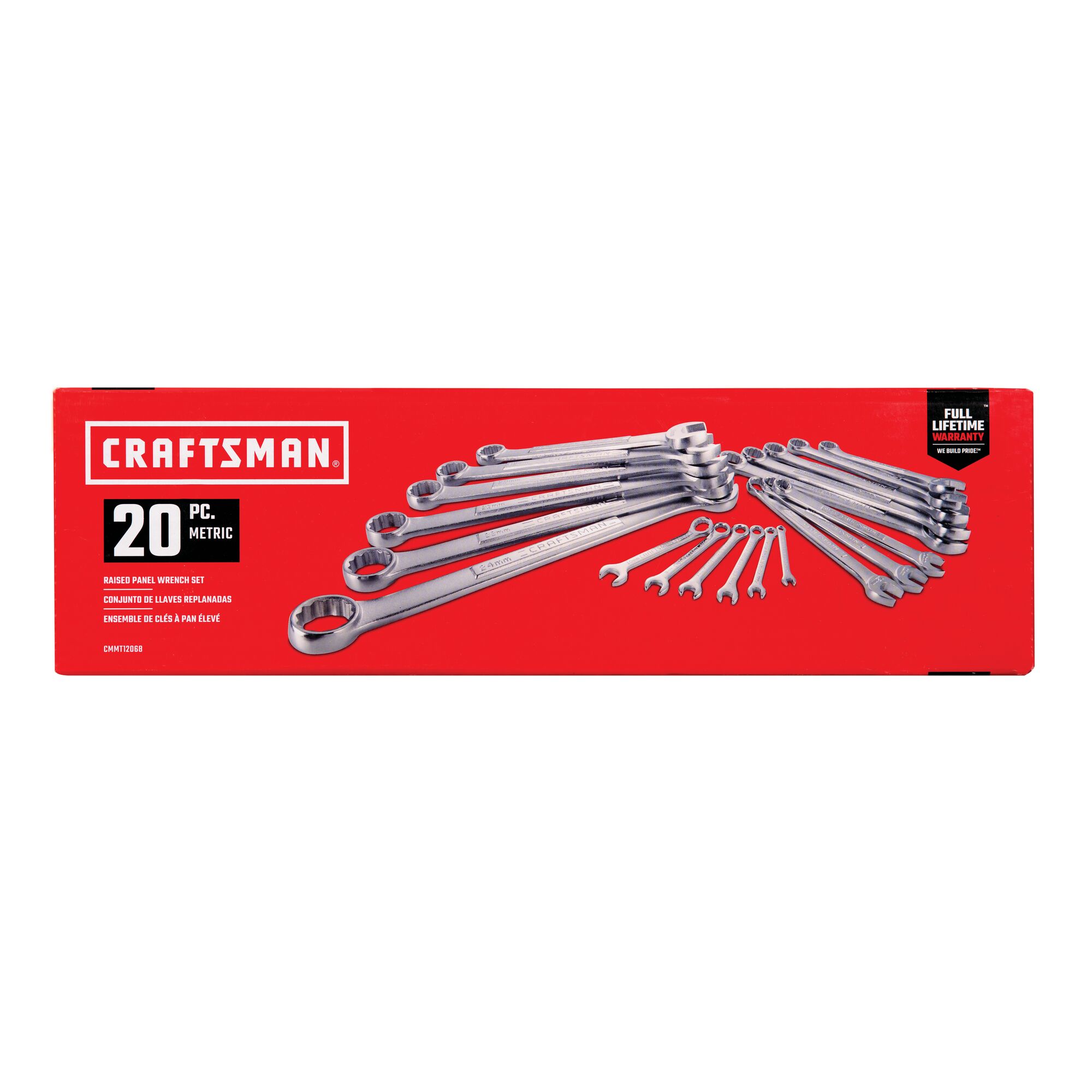20 piece metric combination wrench set in cardboard box.