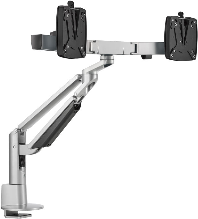 The Novus CLU Plus X2 monitor arm set in silver at its highest viewing level.