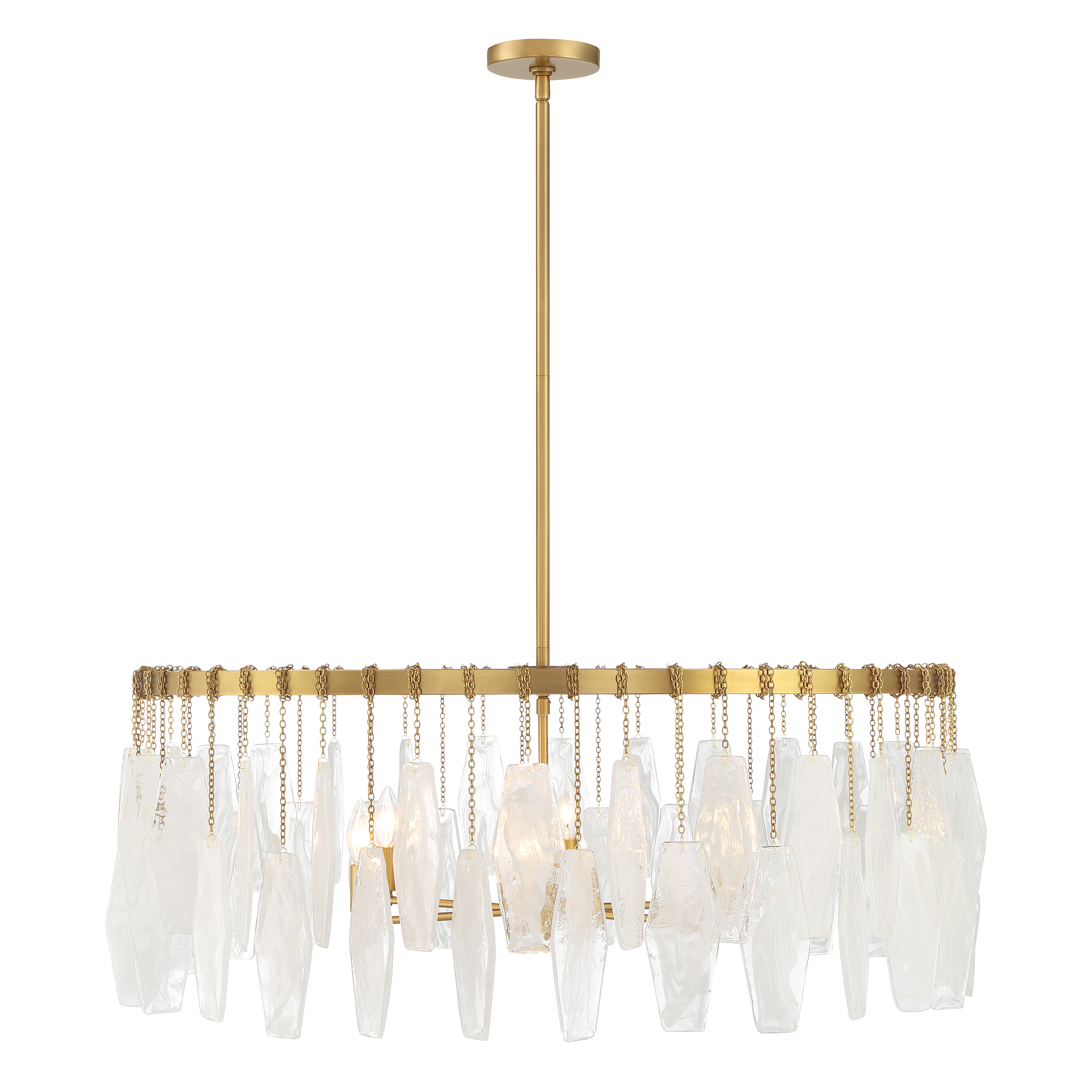 The Willow 6-Light Pendant combines timeless Legacy Brass finish with artisan white swirl glass shades, creating a sophisticated focal point perfect for dining rooms and kitchen islands. Its generous 34-inch width provides ample illumination while the transitional design bridges traditional and contemporary aesthetics. - alternate view