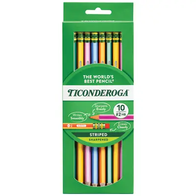 Ticonderoga Wood-Cased Pencils, Pre-Sharpened, #2 HB Soft, Striped Colors, 10 Count