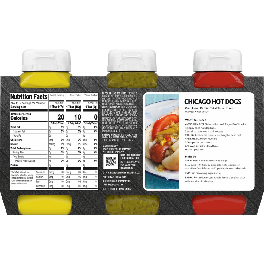  Heinz Tomato Ketchup, Sweet Relish & 100% Natural Yellow Mustard Picnic Pack, 3 ct Pack 