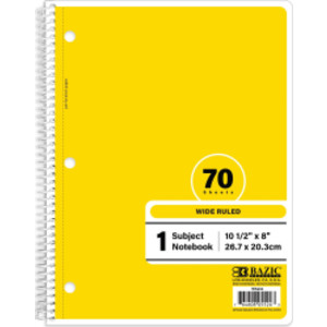 1-Subject Spiral Notebook, Wide Ruled, 70 Count, Yellow