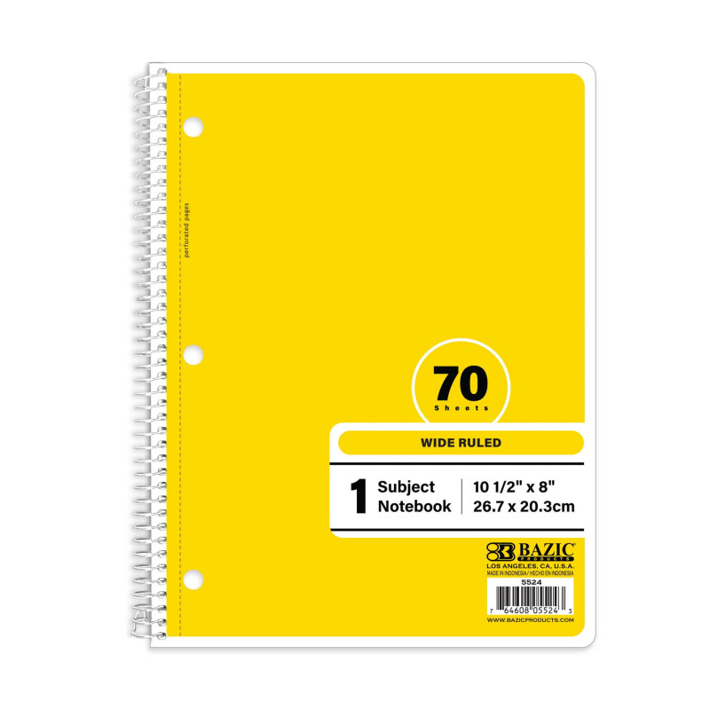 1-Subject Spiral Notebook, Wide Ruled, 70 Count, Yellow