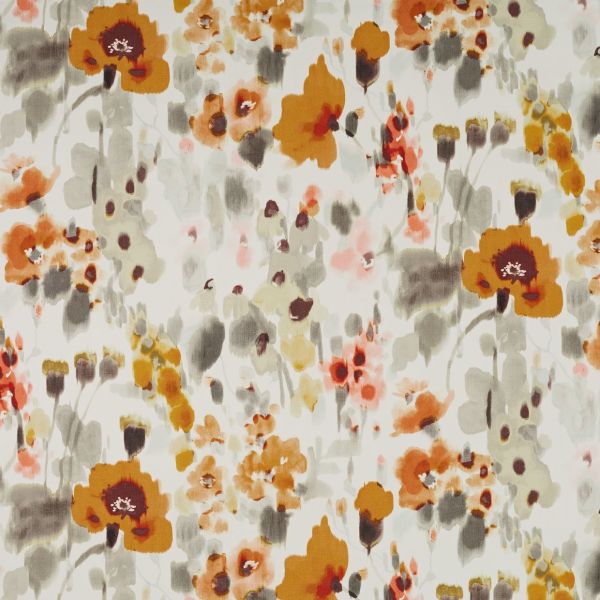Watercolor floral fabric with orange, rust, pink and gray poppy-like blooms — printed in a repeating pattern — on a pale cream background, decorative textile or wallpaper sample.