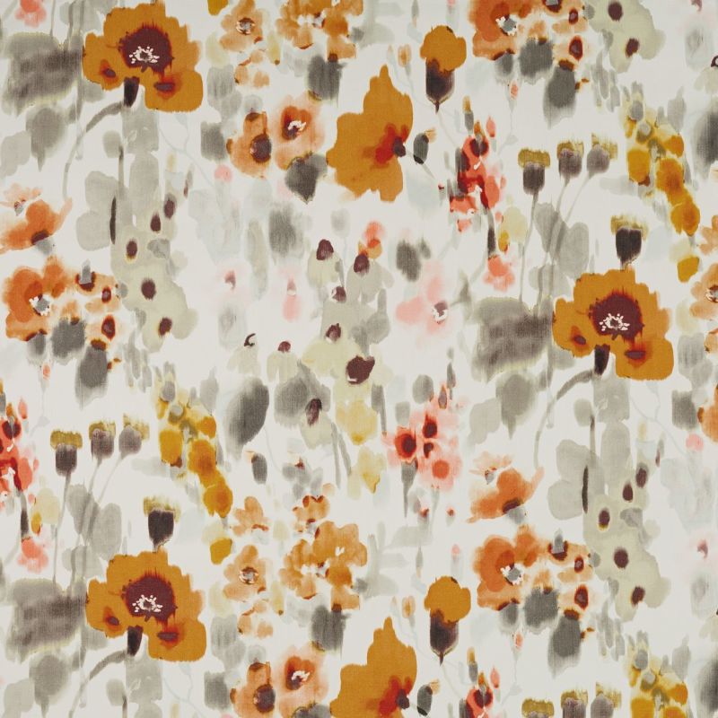 Watercolor floral fabric with orange, rust, pink and gray poppy-like blooms â€” printed in a repeating pattern â€” on a pale cream background, decorative textile or wallpaper sample.