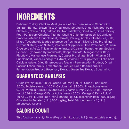 Deboned Turkey, Chicken Meal (source of Glucosamine and Chondroitin Sulfate), Barley,  Brown Rice, Dried Yeast, Sorghum, Dried Plain Beet Pulp, Flaxseed, Chicken Fat, Salmon Oil, Natural Flavor, Dried Kelp, Dried Chicory Root, Potassium Chloride, Taurine, Choline Chloride, Spinach, L-Carnitine, Broccoli, Vitamin E Supplement, Carrots, Parsley, Apples, Blueberries, Kale, Mixed Tocopherols (added to preserve freshness), Niacin, Zinc Proteinate, Ferrous Sulfate, Zinc Sulfate, Vitamin A Supplement, Iron Proteinate, Vitamin C (Ascorbic Acid), Thiamine Mononitrate, d-Calcium Pantothenate, Sodium Selenite, Pyridoxine Hydrochloride, Copper Sulfate, Manganese Sulfate, Riboflavin, Manganese Proteinate, Copper Proteinate, Biotin, Vitamin D3 Supplement, Yucca Schidigera Extract, Vitamin B12 Supplement, Folic Acid, Calcium Iodate, Dried Enterococcus faecium Fermentation Product, Dried Bacillus licheniformis Fermentation Product, Dried Bacillus subtilis Fermentation Product, Rosemary Extract, Green Tea Extract, Spearmint.