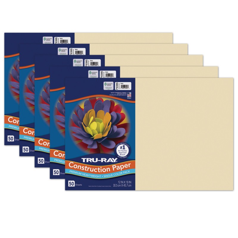 Construction Paper, Heavyweight, Ivory, 12" x 18", 50 Sheets Per Pack, 5 Packs