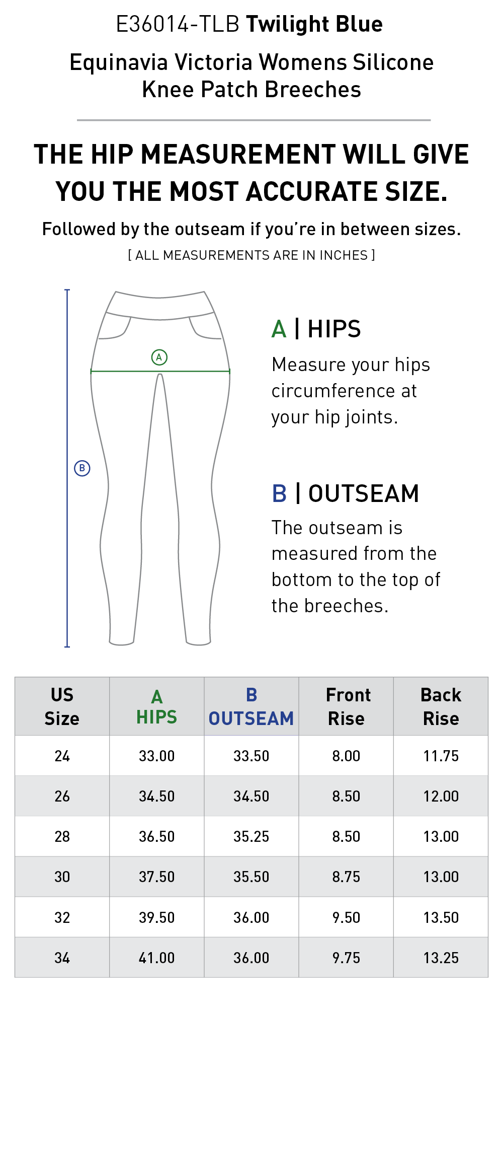 Size chart for Equinavia Victoria Womens Silicone Knee Patch Breeches - Twilight Blue