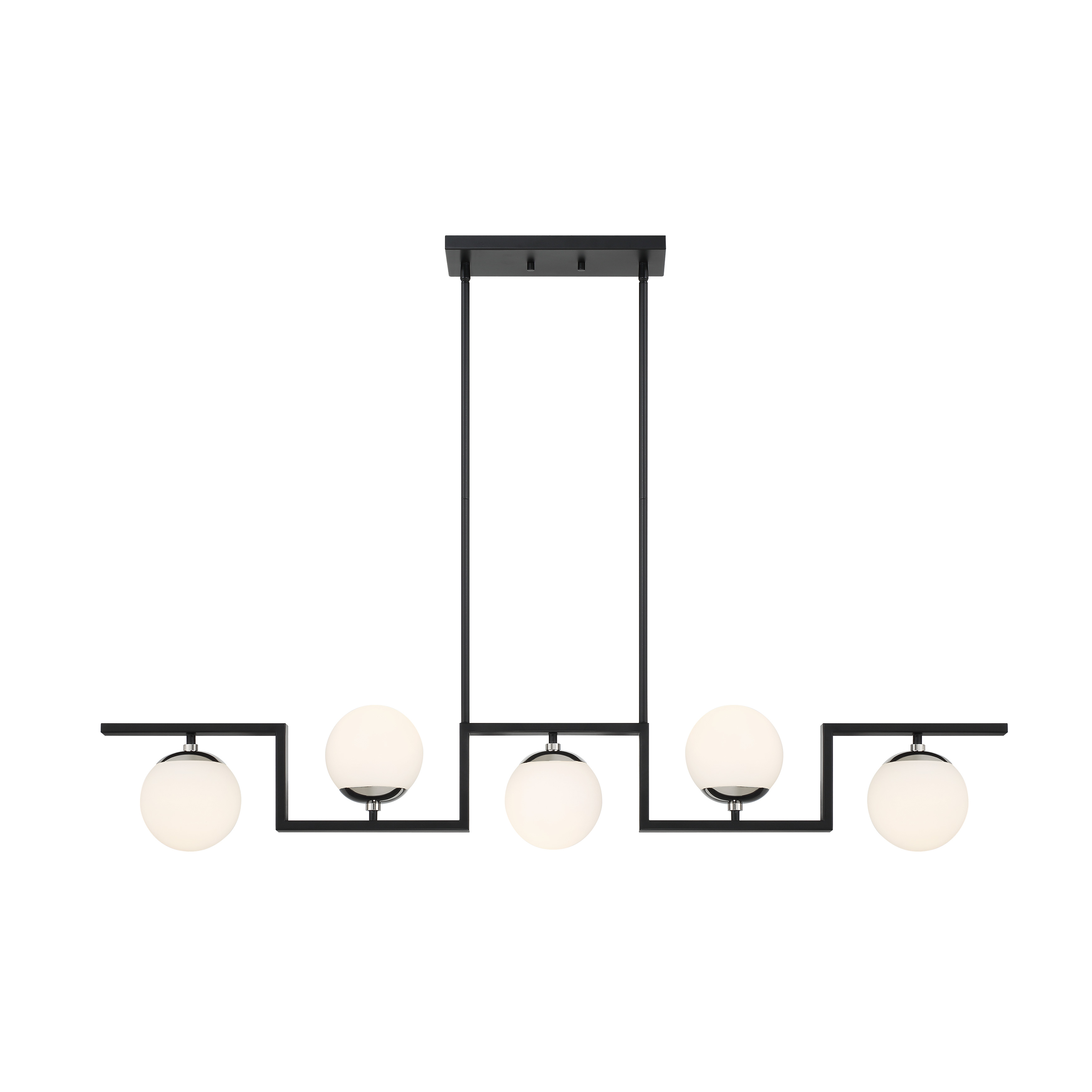 The Alluria II brings refined elegance to kitchen islands with its striking two-tone finish combining polished nickel and coal. Five etched opal glass shades provide warm, diffused light while the linear design complements modern and transitional spaces. - alternate view
