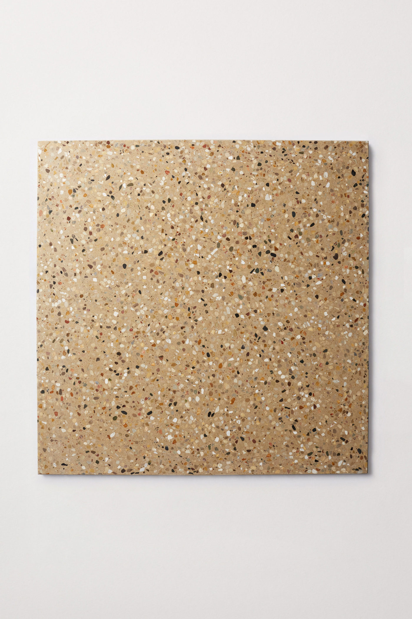 a square beige tile with a terrazzo pattern on a white surface.