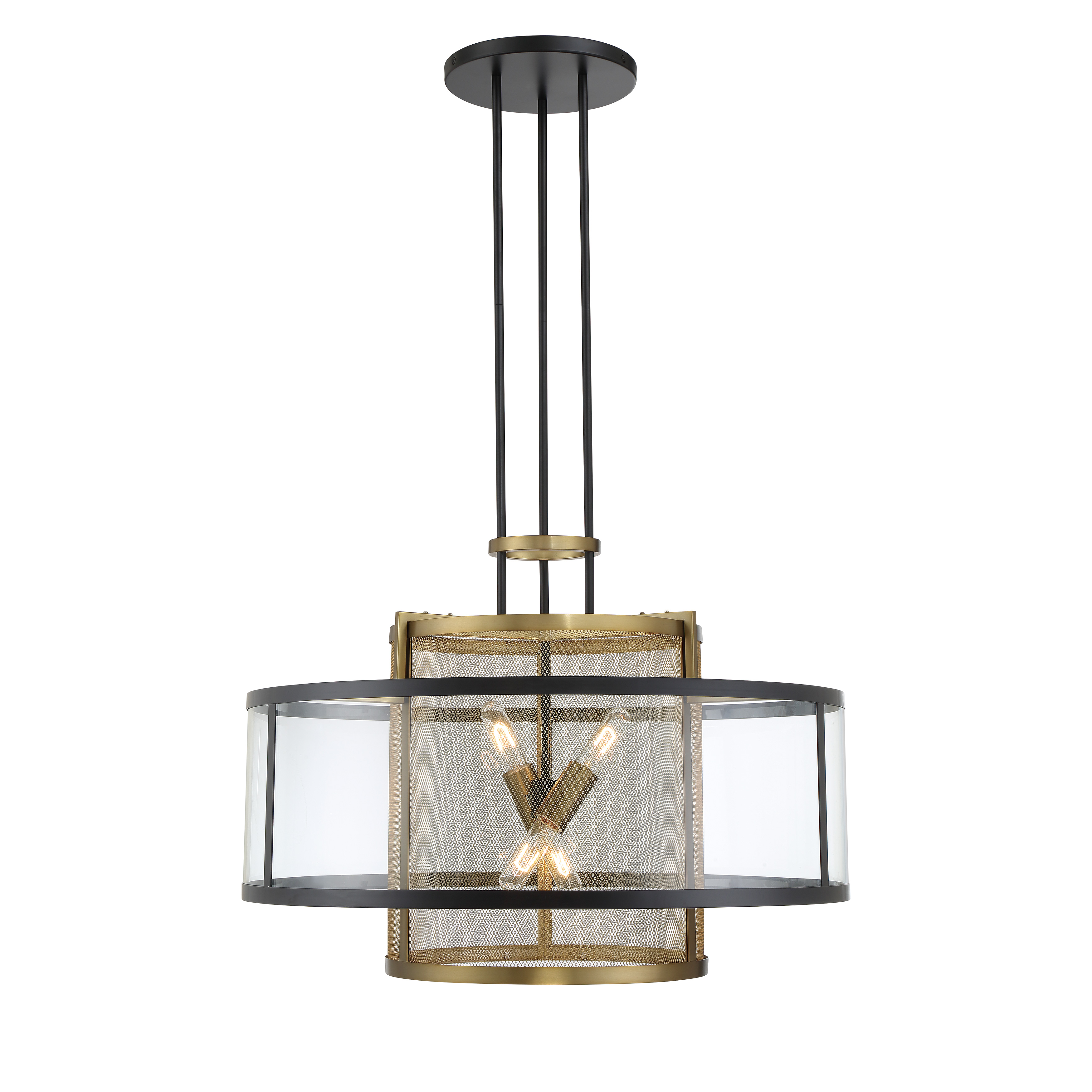 Robin Baron's SoHo pendant combines industrial wire mesh with refined brass accents, creating a statement piece that bridges raw and refined aesthetics. The 30-inch width and four-light configuration deliver substantial illumination. - alternate view