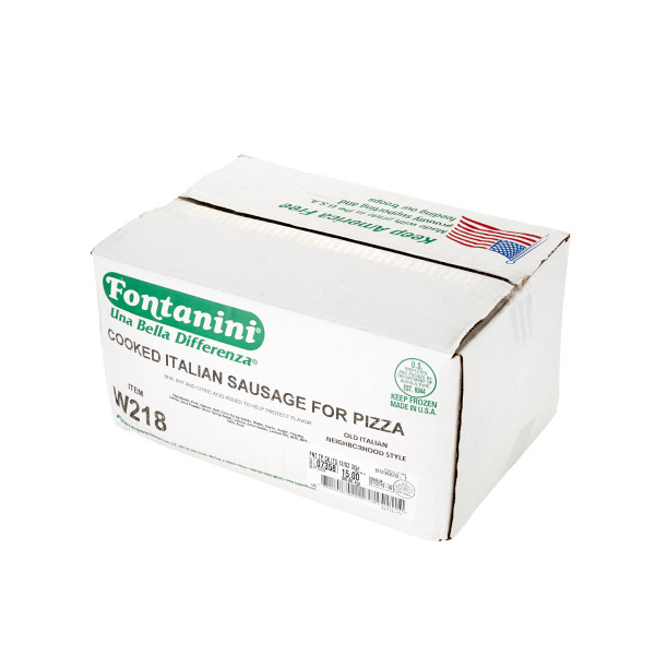 FONTANINI(r) Garlic Italian Sausage Topping, Cooked, Chunk, 12/oz, 3/5 lb . C1RA - Front Right Closed Case (Hi Res)