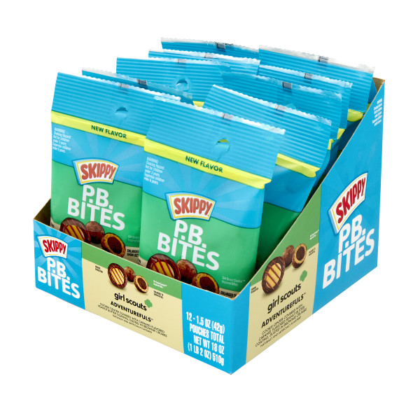 SKIPPY(r) P.B. Bites Adventurefuls, 1.5 oz. Pouch . C1RP - Front Right Pallet/Display (Hi Res)