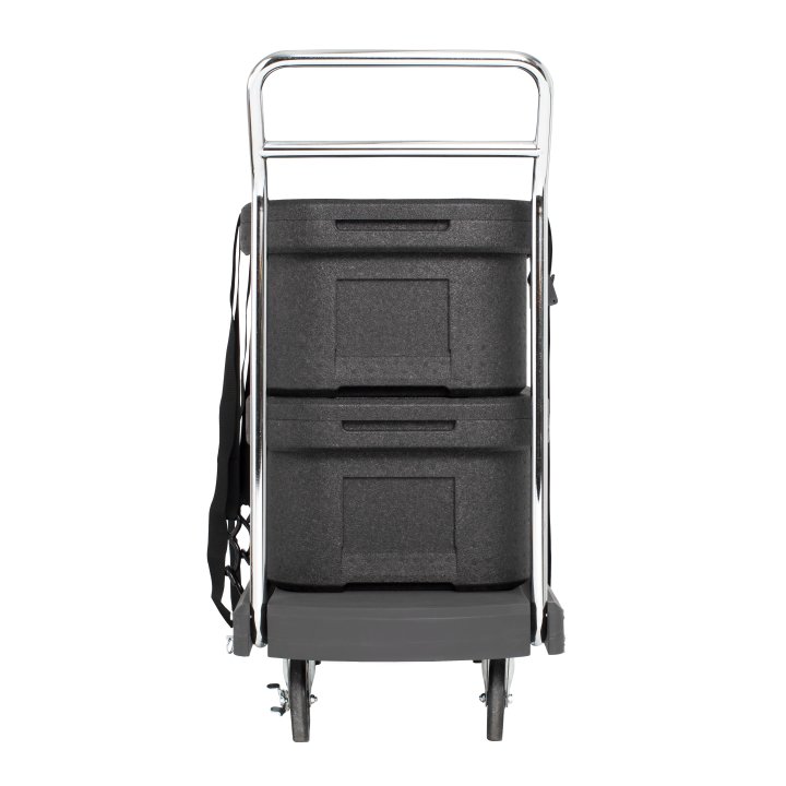 Flatbed utility dolly in dark gray with 5” casters and straps