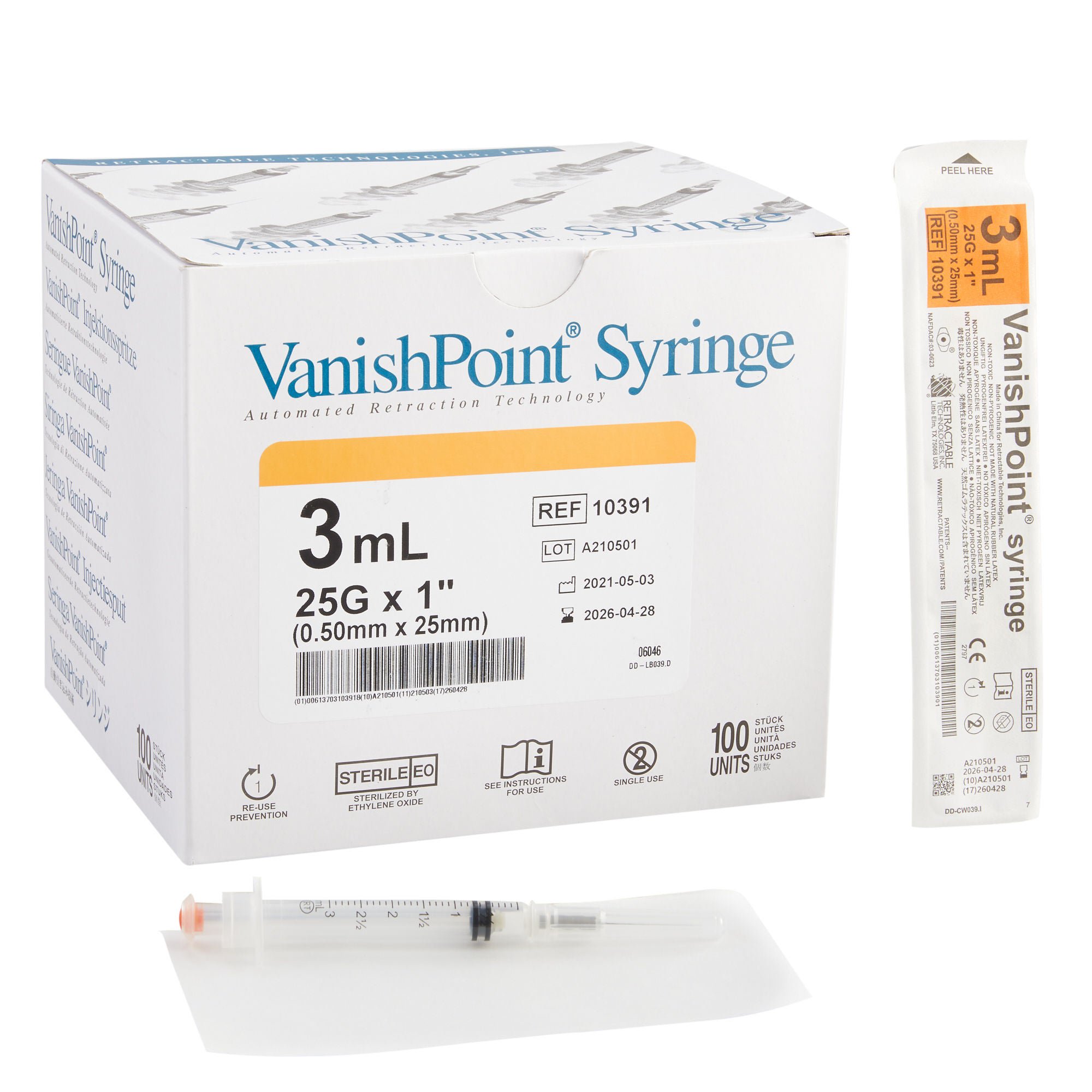 VanishPoint® 3 mL Syringe with Hypodermic Needle, 25 Gauge, 1 Inch