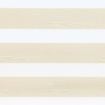 Dual-layer zebra roller blind with alternating beige wood-grain and translucent white horizontal bands, aligned to partially filter light and provide privacy, in a neutral, softly lit interior.