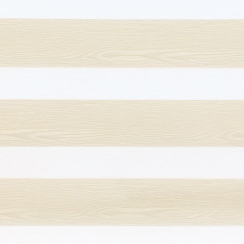 Dual-layer zebra roller blind with alternating beige wood-grain and translucent white horizontal bands, aligned to partially filter light and provide privacy, in a neutral, softly lit interior.