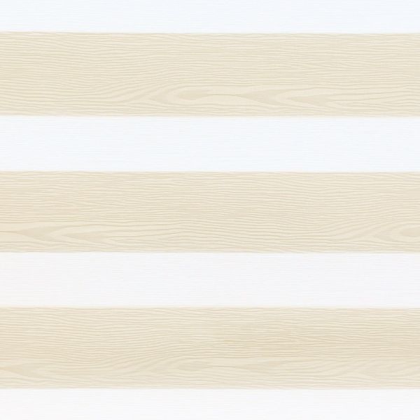 Dual-layer zebra roller blind with alternating beige wood-grain and translucent white horizontal bands, aligned to partially filter light and provide privacy, in a neutral, softly lit interior.