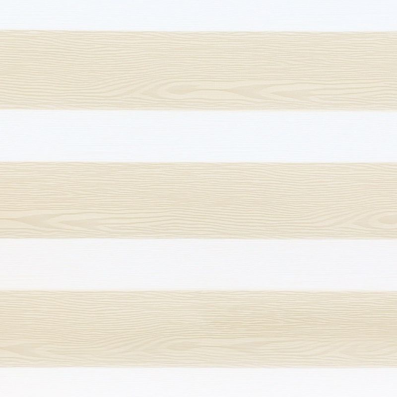 Dual-layer zebra roller blind with alternating beige wood-grain and translucent white horizontal bands, aligned to partially filter light and provide privacy, in a neutral, softly lit interior.