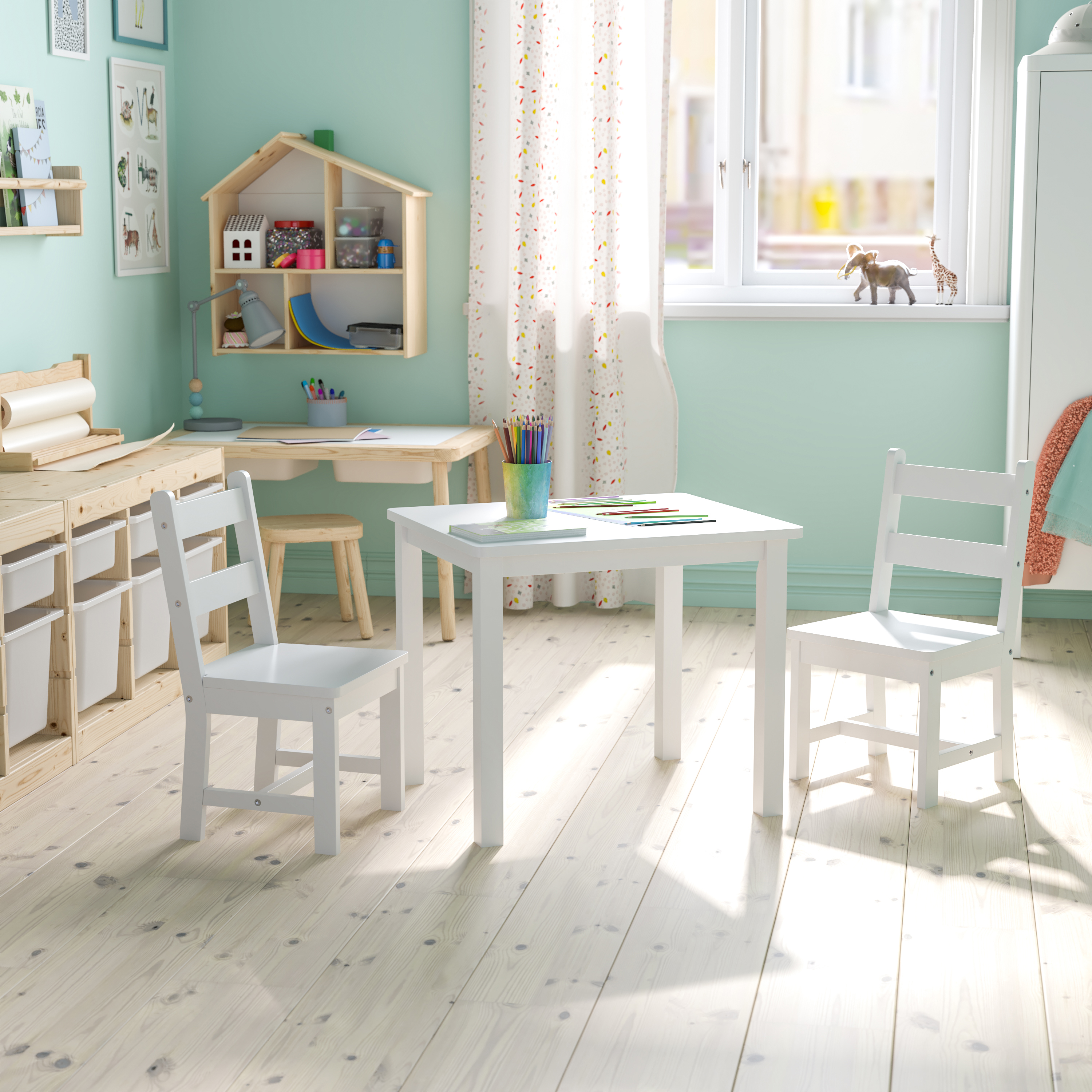 Juego de mesa y silla de madera maciza para niños de 3 piezas para sala de juegos, cocina - blanco - Imagen 26 de 37