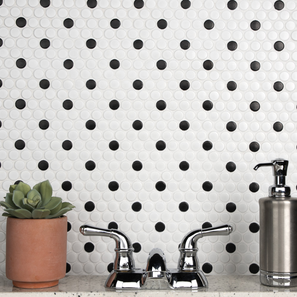 Metro Penny Matte White w/Black Dot 9-3/4 in. x 11-1/2 in. Porcelain Mosaic Tile