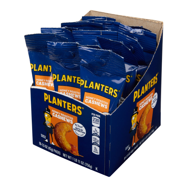 PLANTERS(r) Cashews Honey Roasted Tube 108/1.5oz . C1RP - Front Right Pallet/Display (Hi Res)