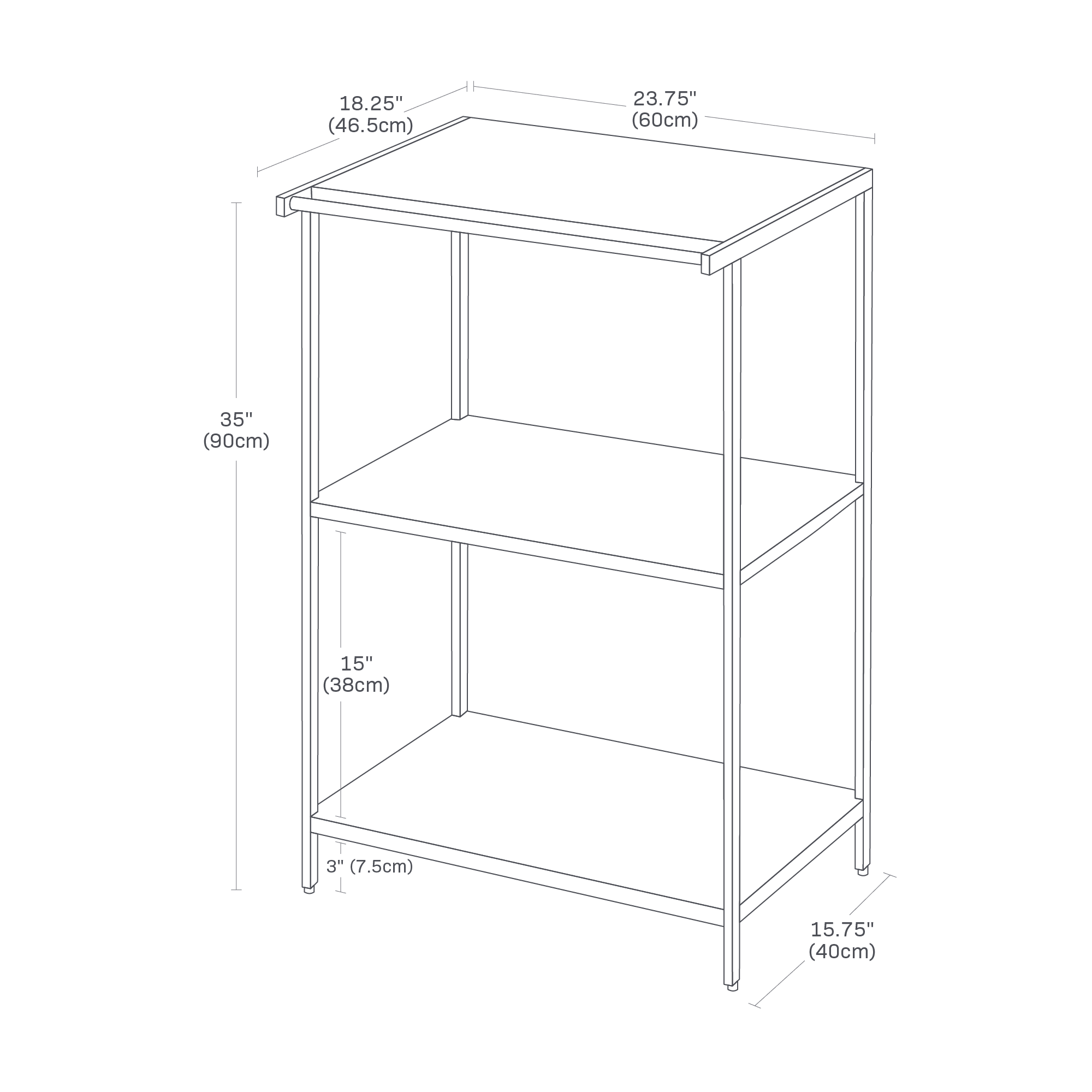 TOWER Storage Rack. Size: 35 inches. 35 inches tall, 23.75 inches long, 18.25 inches wide. Bottom shelf 3 inches from ground, shelves 15 inches apart.