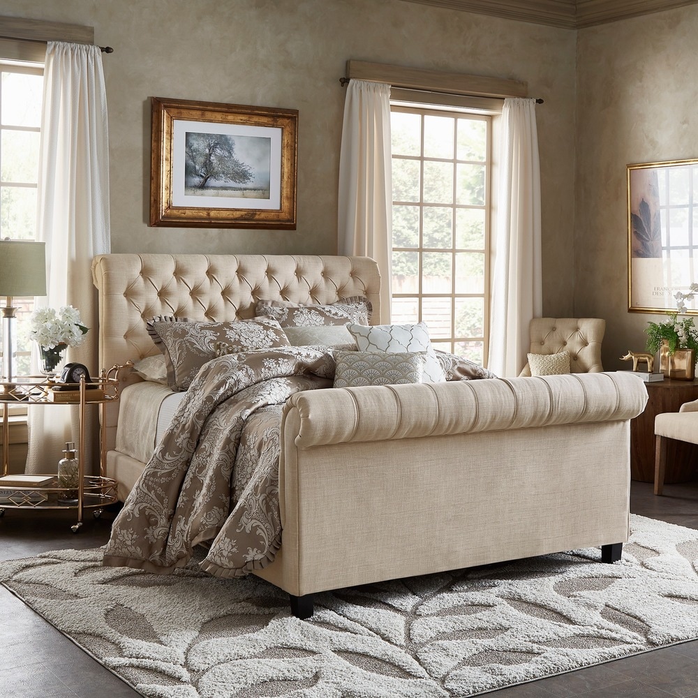 Beige Linen Tufted Sleigh Bed with Footboard