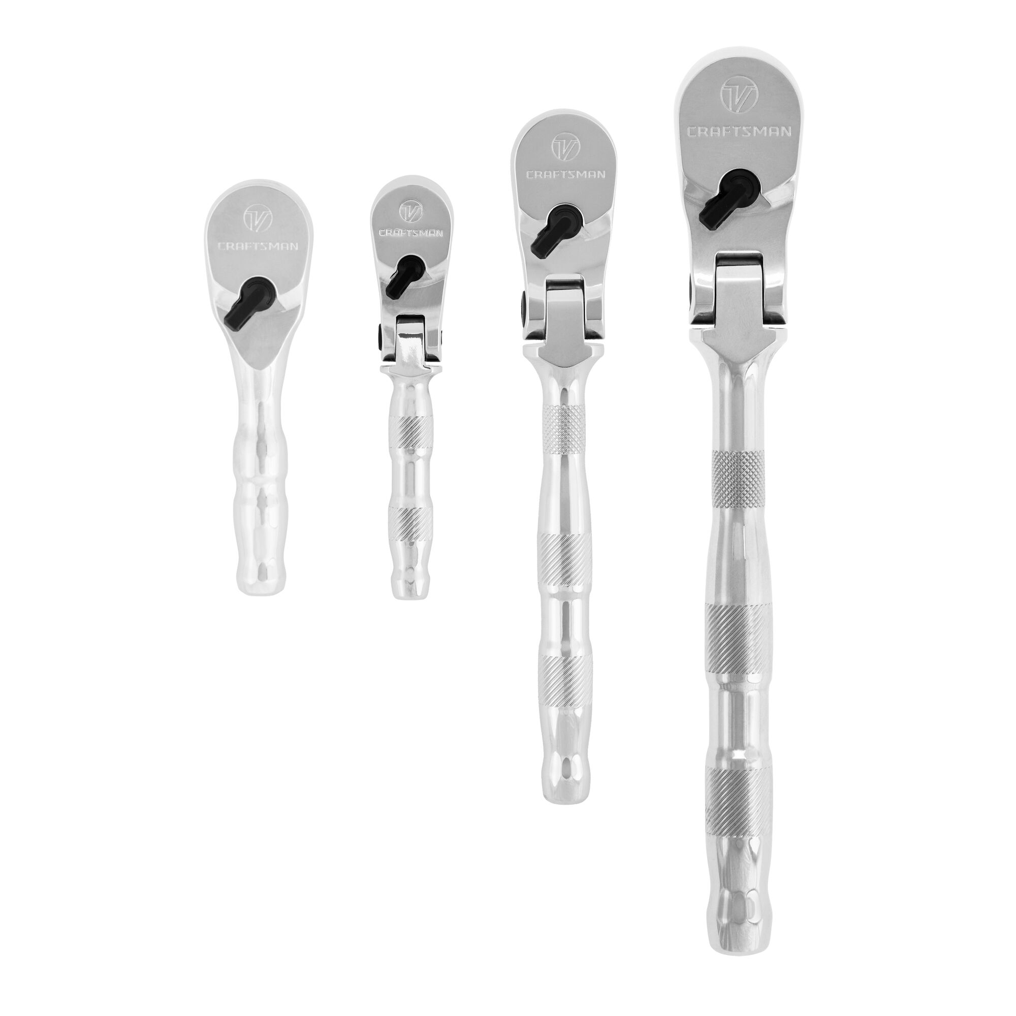 Profile of V series quarter inch three eighth inch and half inch drive ratchet set. 4 pack