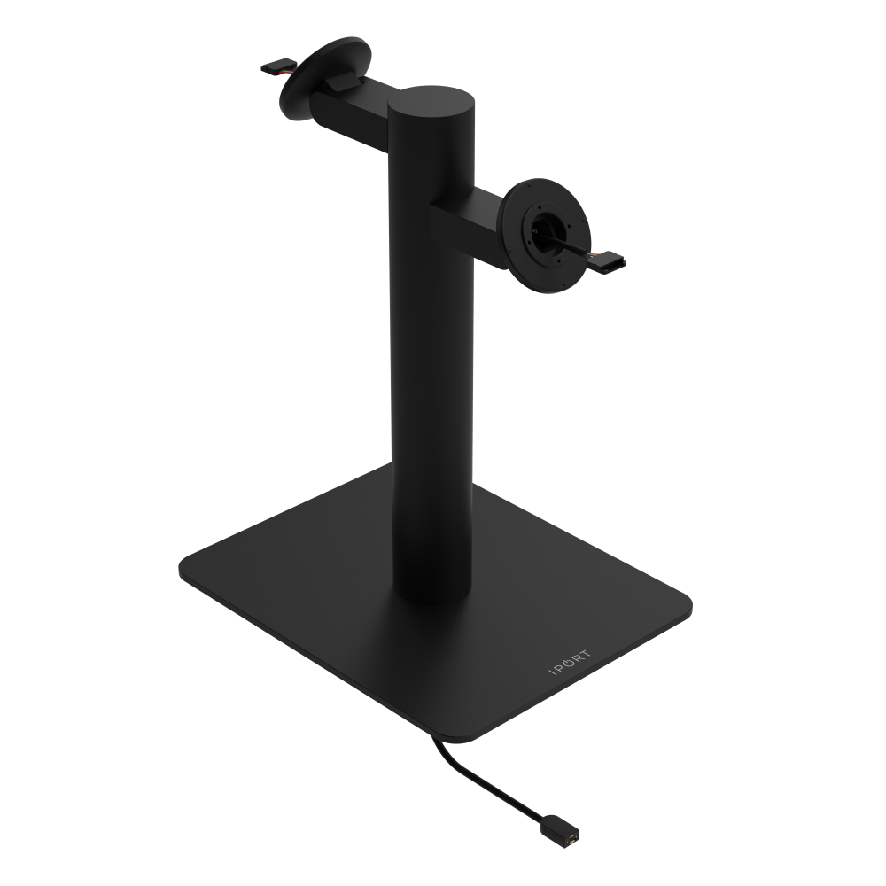 CONNECT MOUNT Pillar Dual iPads on a Baseplate in black fifteen inches high with a CONNECT MOUNT head and Hirose H10 Connection.