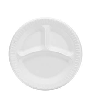 Dart, Quiet Classic Laminated Foam Dinnerware, 3-Compartment Plate, 9" dia, White