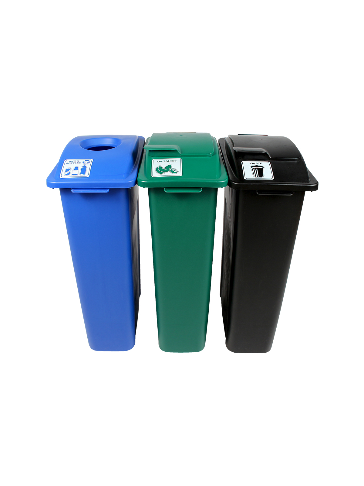 WASTE WATCHER – Triple – Kit – Cans & Bottles-Organics-Waste – Circle-Solid Lift-Solid Lift – Blue-Green-Black