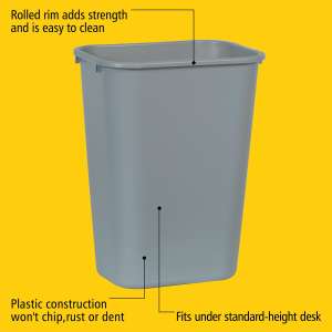 RUB2957GY, Rubbermaid Commercial,  Rectangular Wastebasket, 10.25 gal, Plastic, Gray