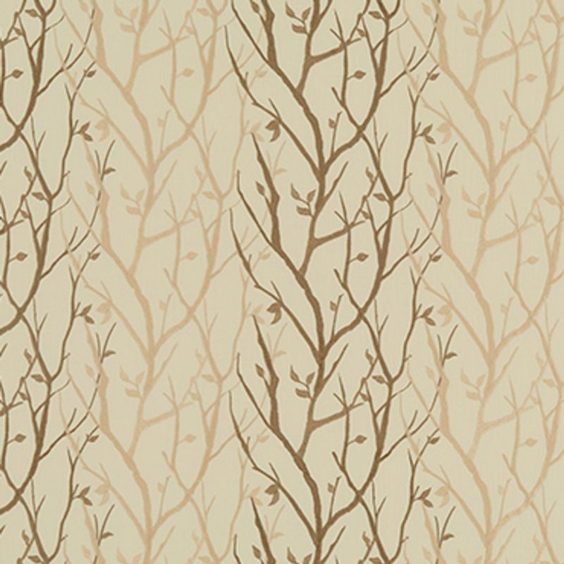 Beige wallpaper with a vertical, repeating bare-branch motif (dark and pale brown twigs with small leaves) covers the surface, creating a subtle, natural pattern suitable for a living room or hallway.