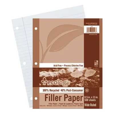 Ecology  Recycled Filler Paper, White, 3-Hole Punched, 3/8 in ruled with margin 8-1/2
