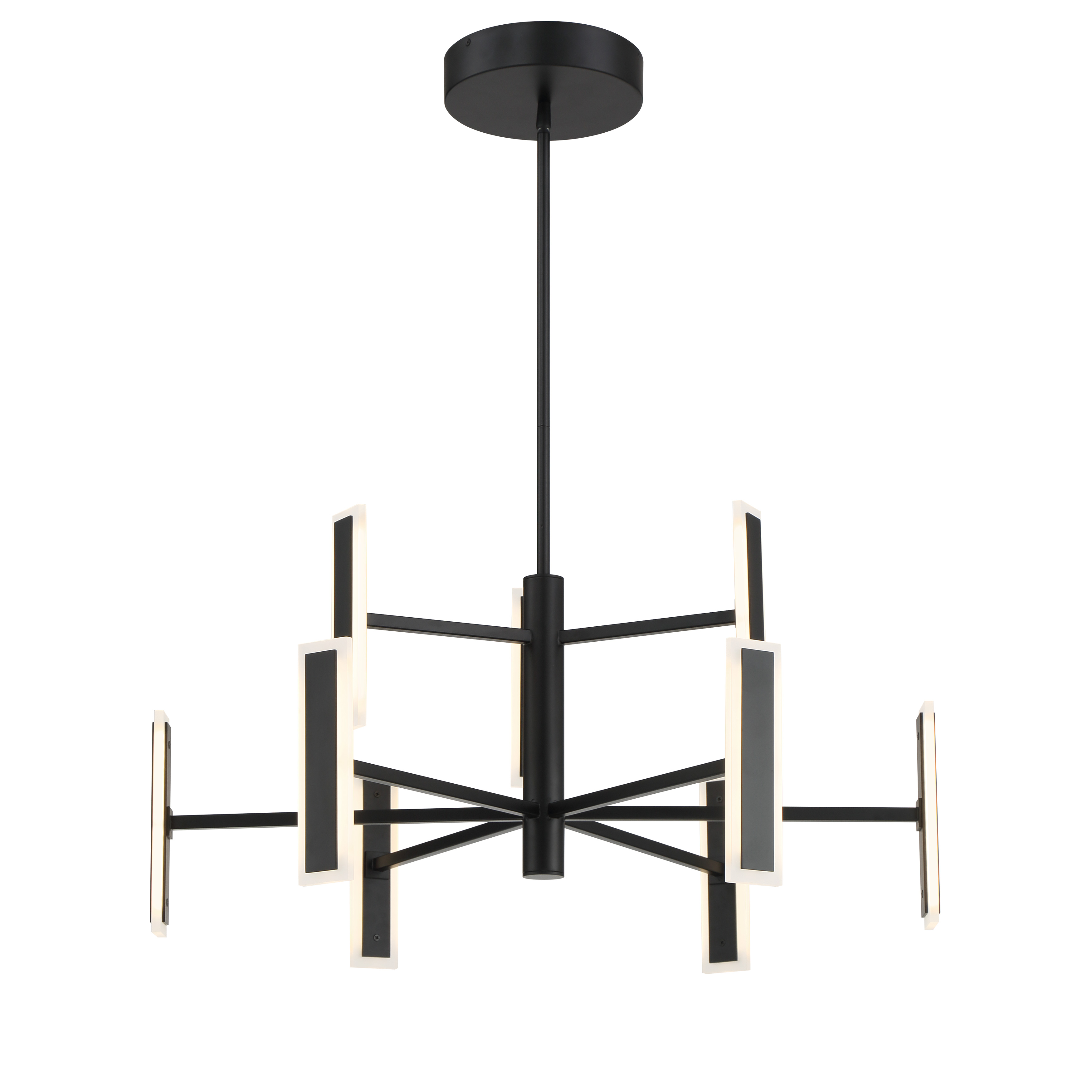 The Edge chandelier delivers modern sophistication with its clean linear profile and coal black finish. Nine integrated LED lights provide bright, energy-efficient illumination through etched acrylic diffusers. - alternate view