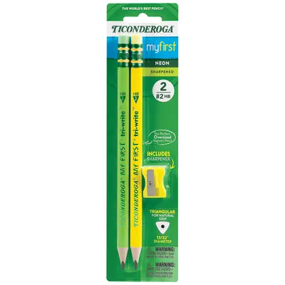 Ticonderoga My First Tri-Write Wood-Cased Pencils with Sharpener, Pre-Sharpened, #2 HB, With Erasers, Neon Colors, 2 Count, 6 Packs