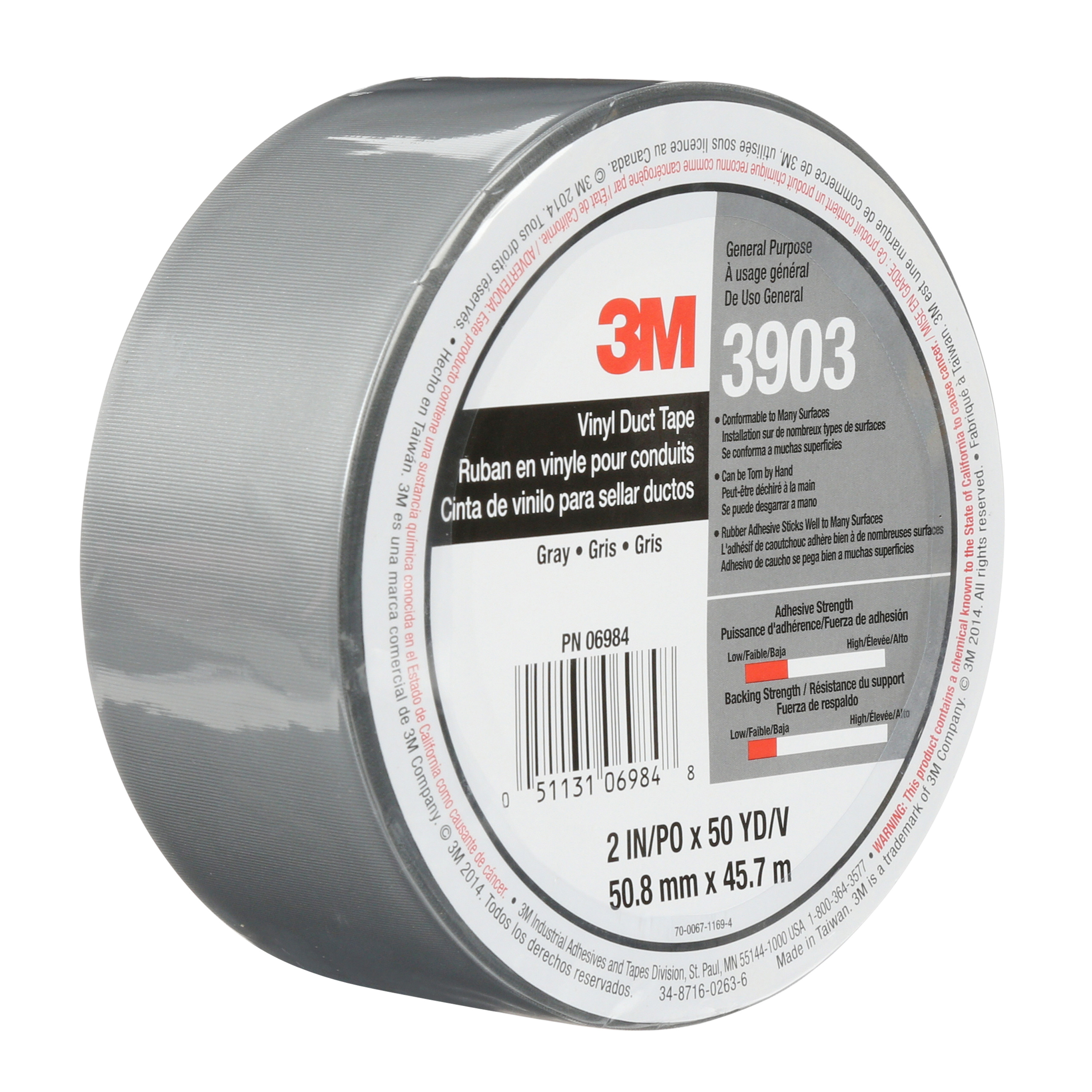 3M™ Vinyl Duct Tape 3903, Gray, 2 in x 50 yd 6.5 mil, 24 per case,
Individually Wrapped Conveniently Packaged