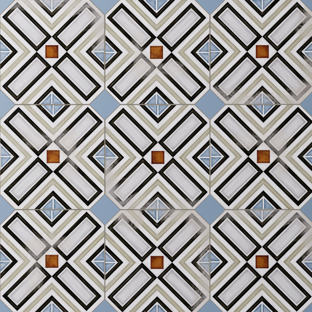 Vaudeville Octagon Deco Ritter with Taco Azzuro 7-7/8 in. x 7-7/8 in. Porcelain Floor and Wall Tile