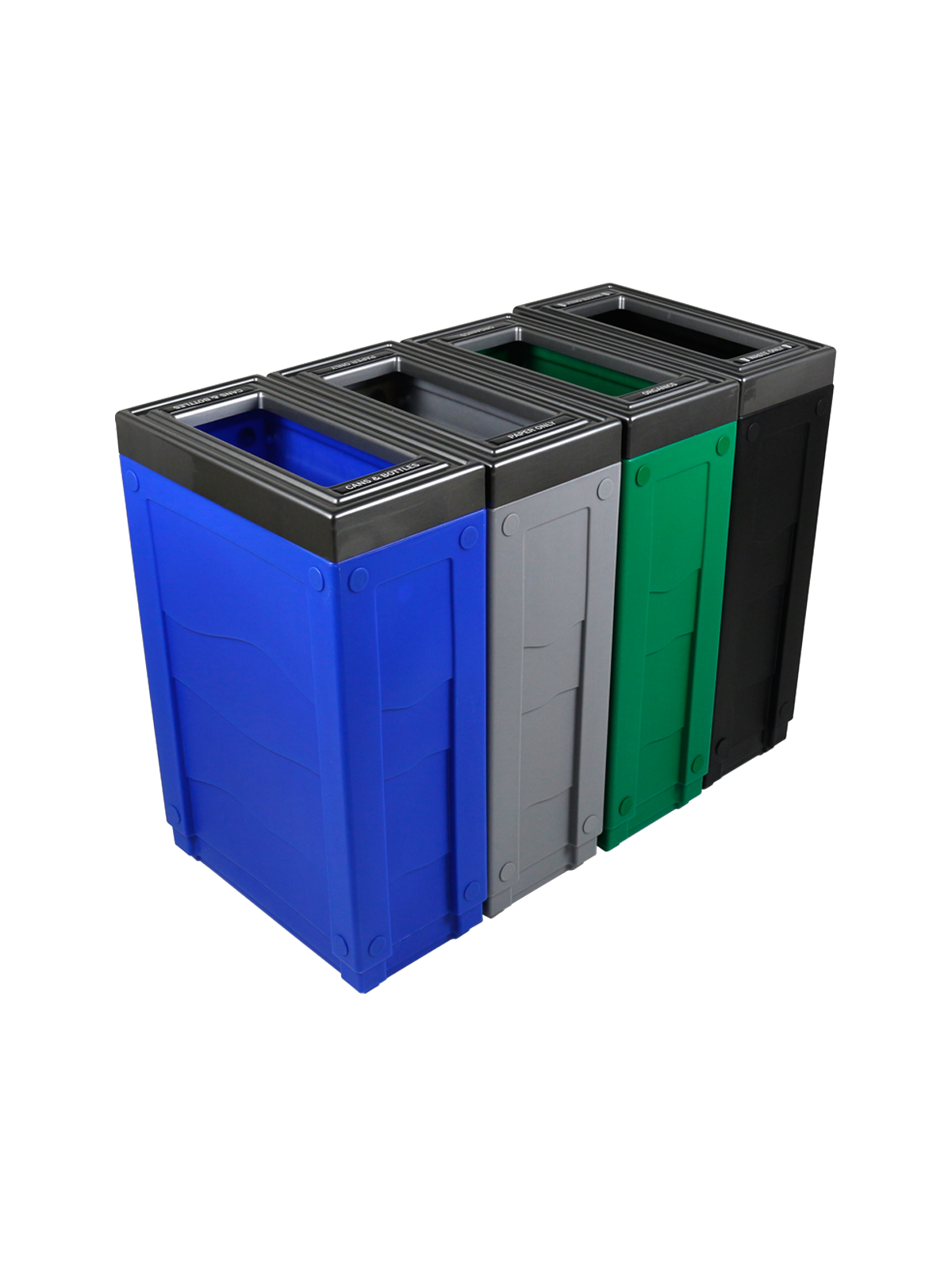 EVOLVE – Quad – Kit – Cans & Bottles-Paper-Organics-Waste – Full – Blue-Grey-Green-Black