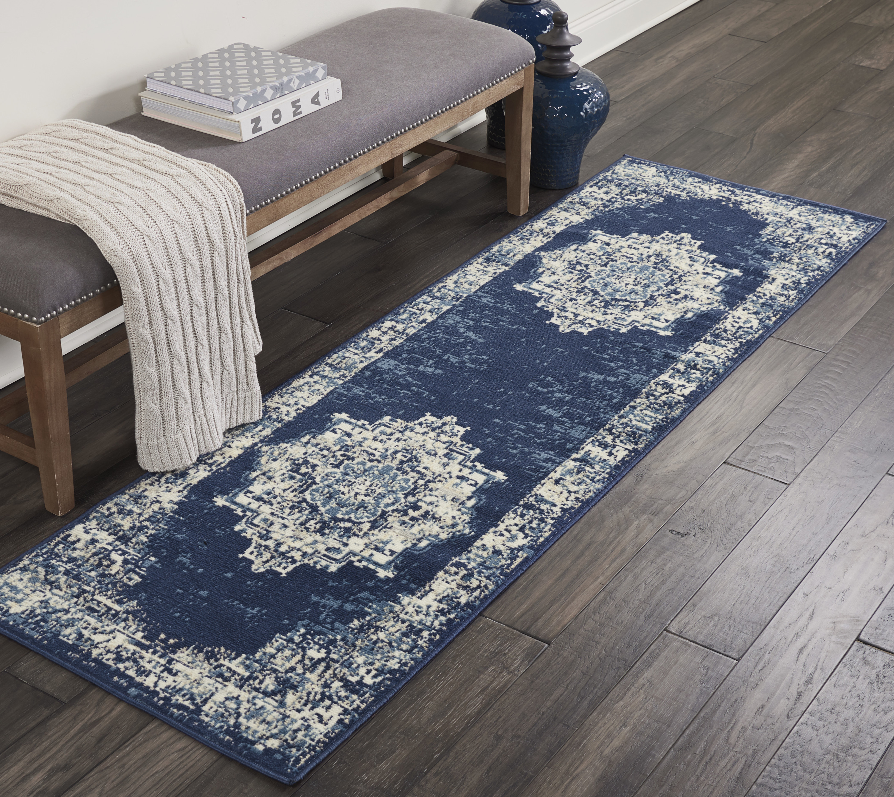 Nourison Grafix 2' x 6' Navy Blue Vintage Indoor Rug