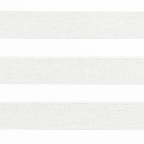 Roller zebra blindsâ€”lowered, alternating textured light-gray opaque and translucent white horizontal bandsâ€”partially diffuse and filter daylight; close-up view suggesting a bright, minimal interior window.